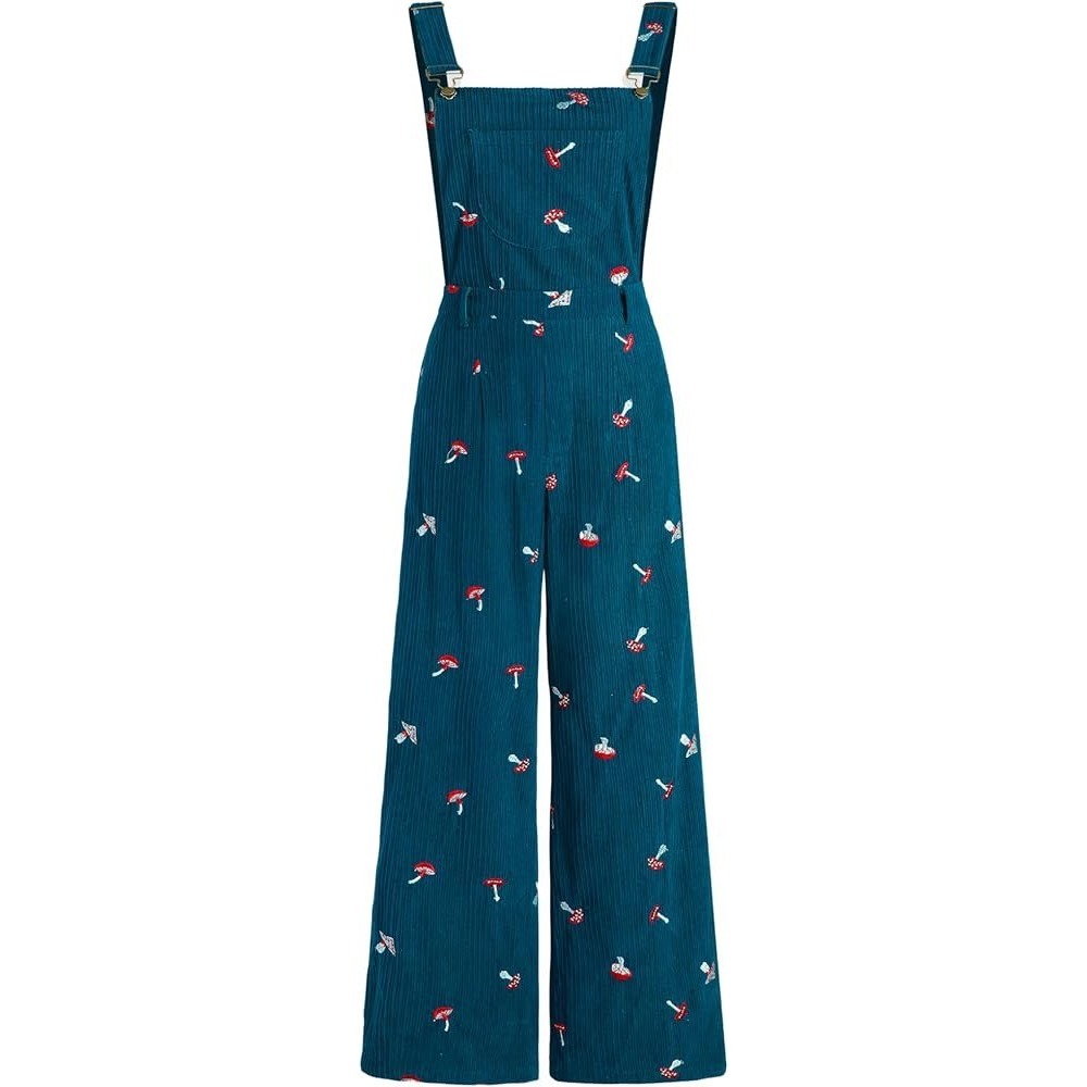 Cider Teal Corduroy Mushroom Embroidered Wide Leg Overalls Womens Medium - Picture 2 of 7